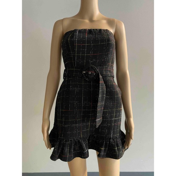 Plaid Strapless Mini Dress with Belt Ruffle Hem Party Cocktail Size M - Picture 1 of 8